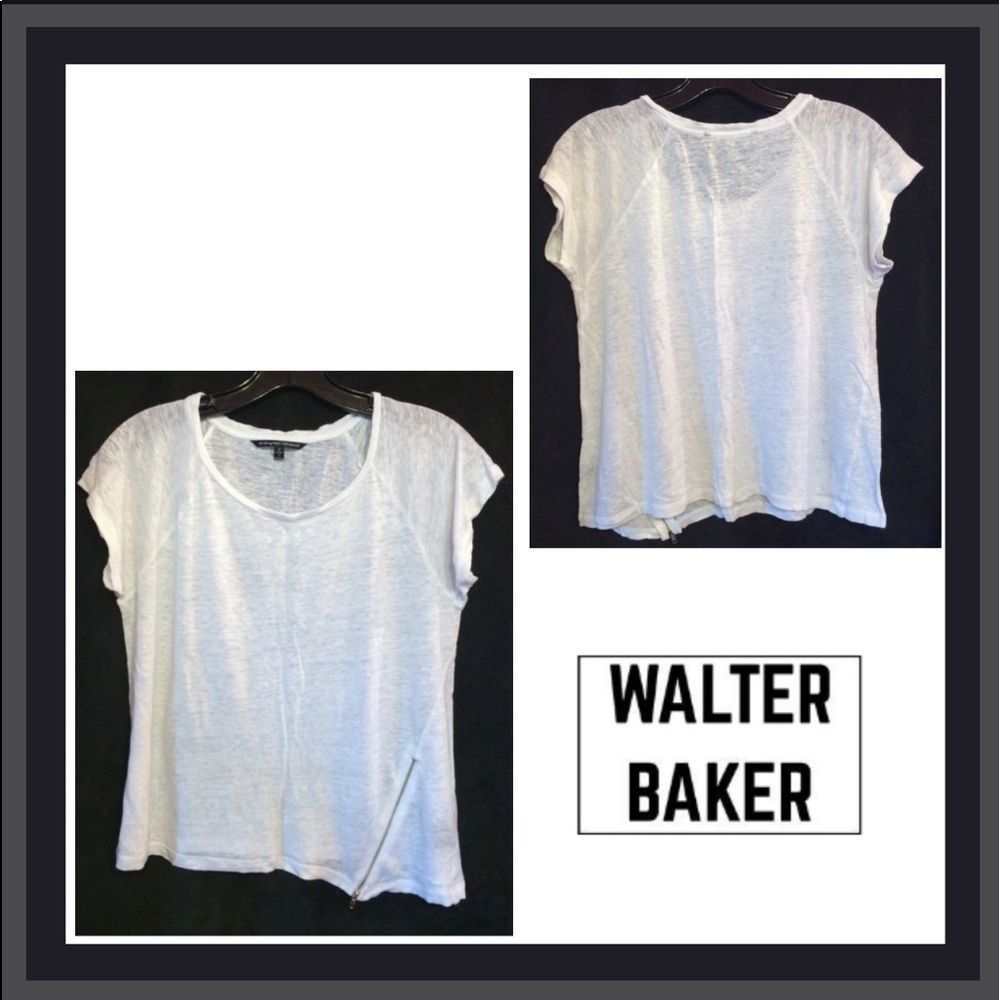 Walter Baker White Slub Linen Asymmetrical Zipper Front Short Sleeve Tee Size S